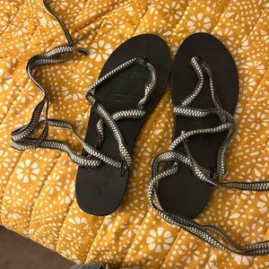 Sseko black convertible sandals with gray woven straps